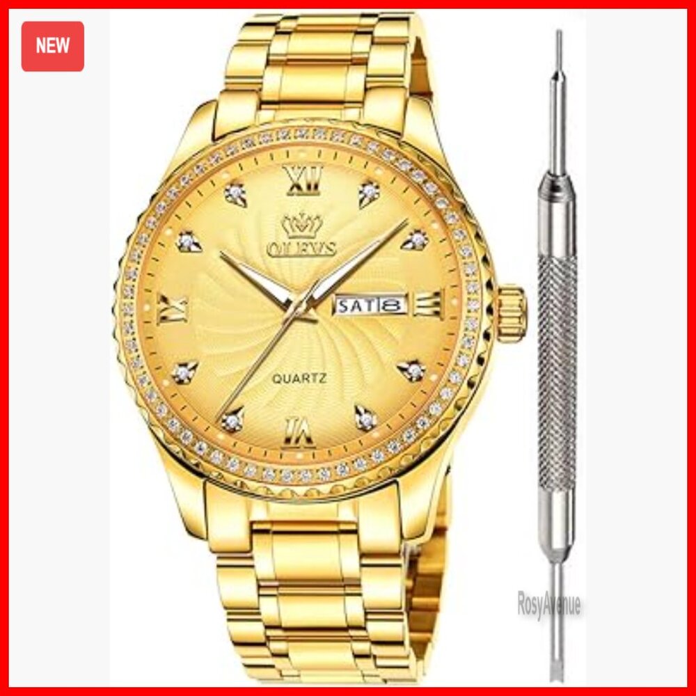 Mens Luxury Cz Rhinestone Watch Waterproof Analog Quartz Calendar Week Display